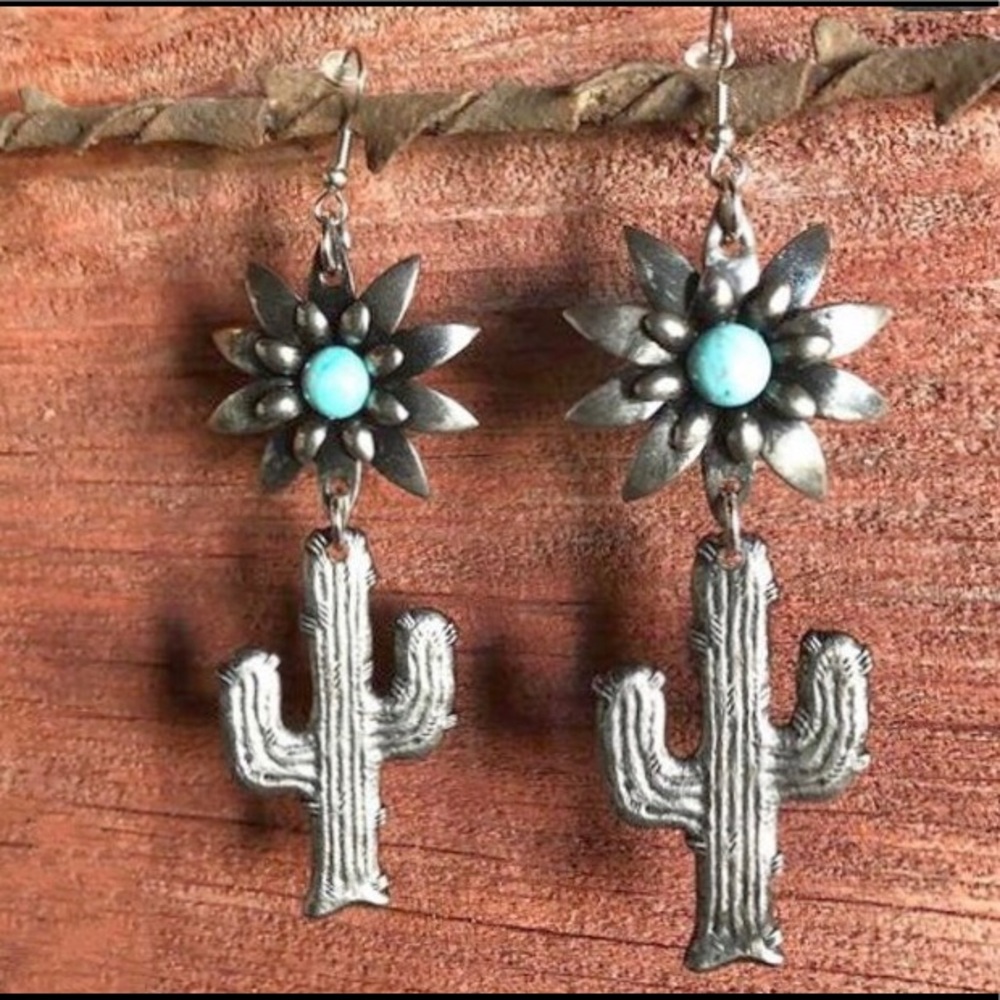 Retro Cactus and Flower Drop Down Earrings